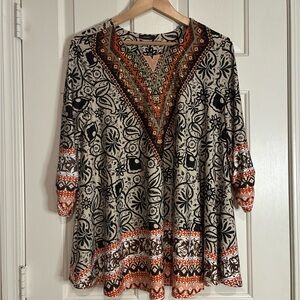 Cocomo Cream and Black Boho Tunic with Orange and Brown Trim